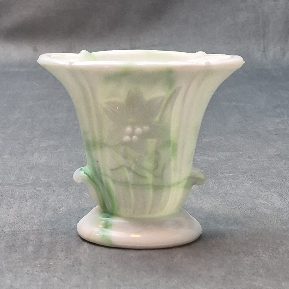 Vintage Akro Agate Green & White Slag Glass Vase 4.5" Decorative Accent Piece